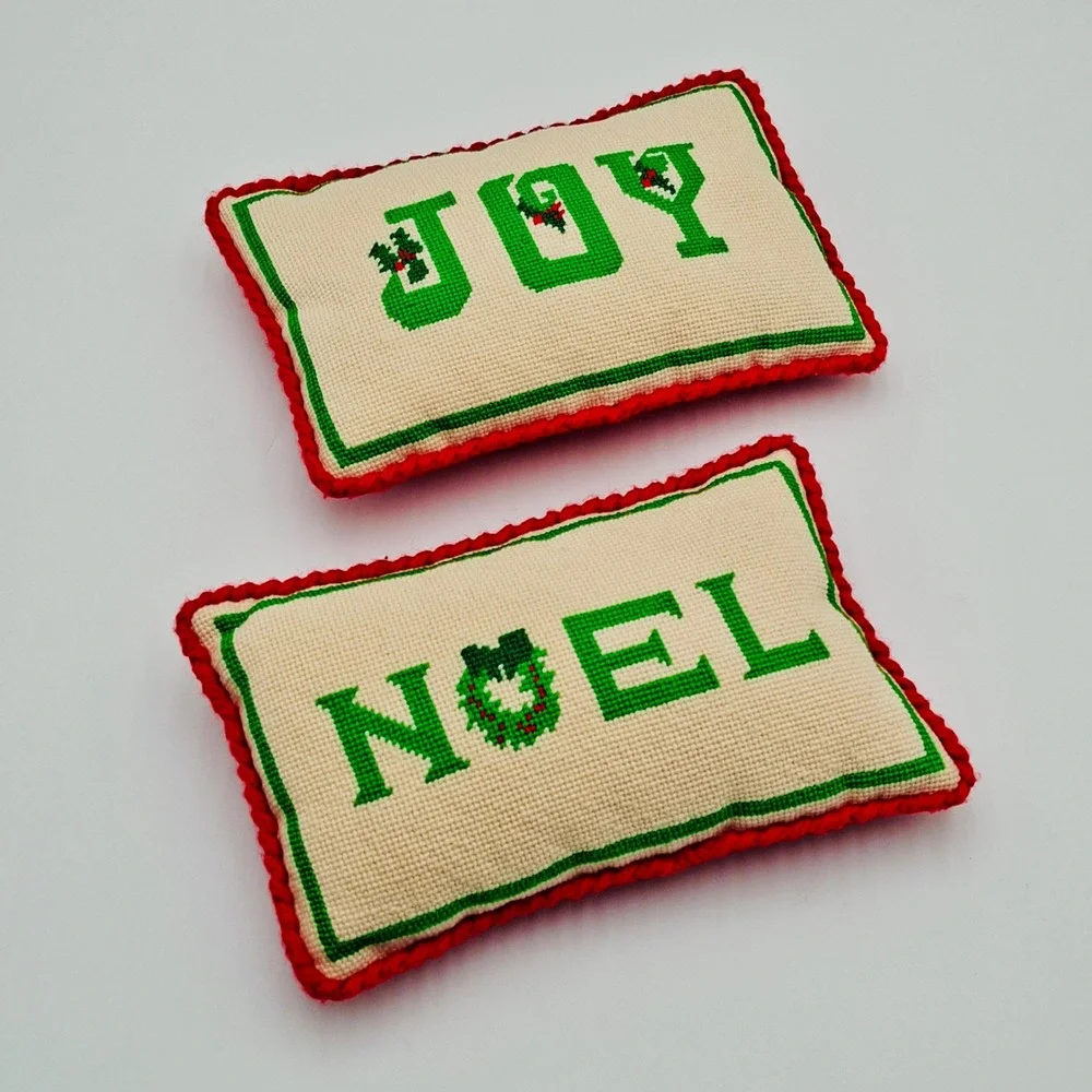 Vintage Christmas Needlepoint Pillows Joy Noel Set of 2 Red Green Cream  6x10